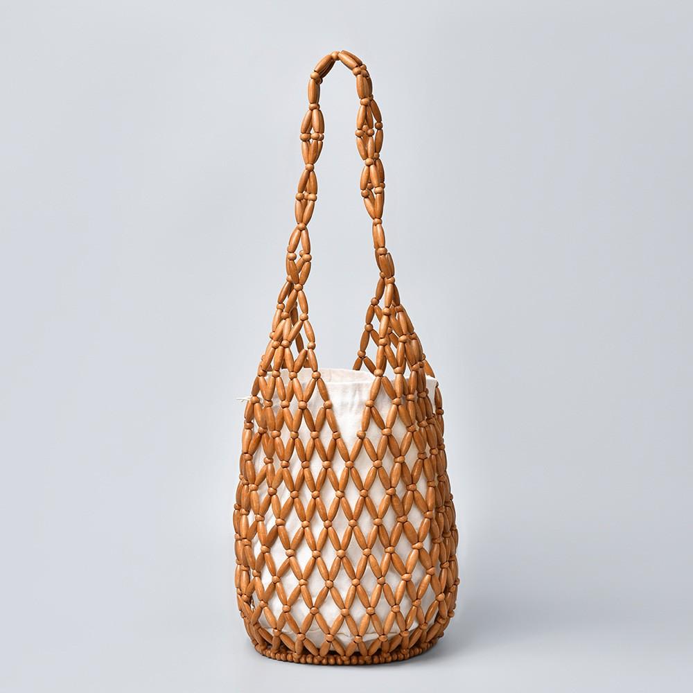 Zomer Vrouwen Geweven Handtas Holle Houten Kralen Tote Emmer Schoudertas Net Canvas Strandhandtas Voor Dames bruin