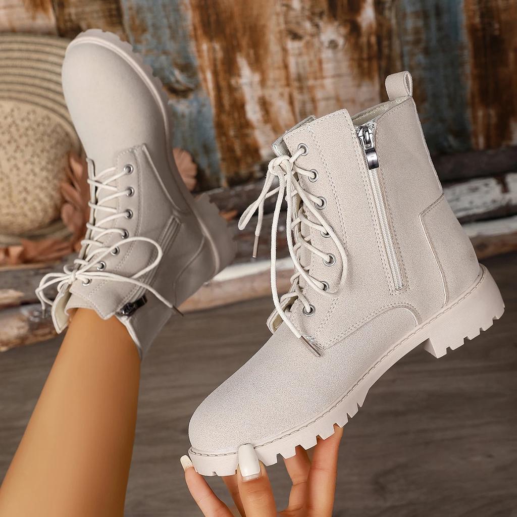 Retro Solid Zip Ankle Boots for Women Autumn Winter Square Heel Lace-Up Women\'s Boots Plus Size Round Toe Shoes of Woman