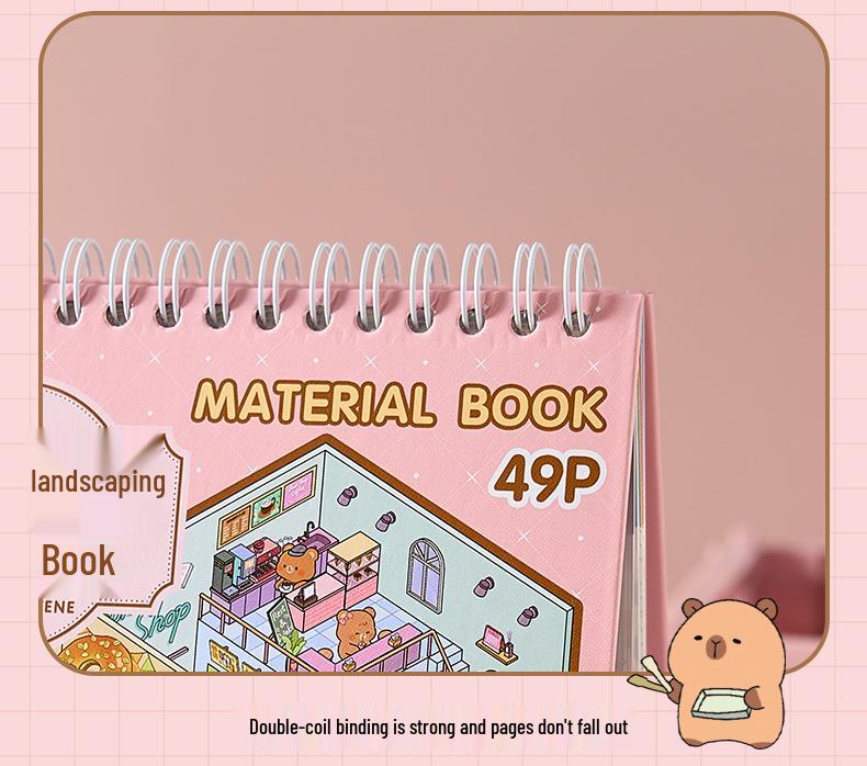 Sonnige Stadt 3D Miniatur-Szenen Stickerbuch: Frühmorgendliche Cartoon-Hüttenlandschaft