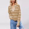 Autumn and Winter Women's Clothing New Fashion Splicing Striped Sweater Lapel Loose Large Size Knitted Sweater Women