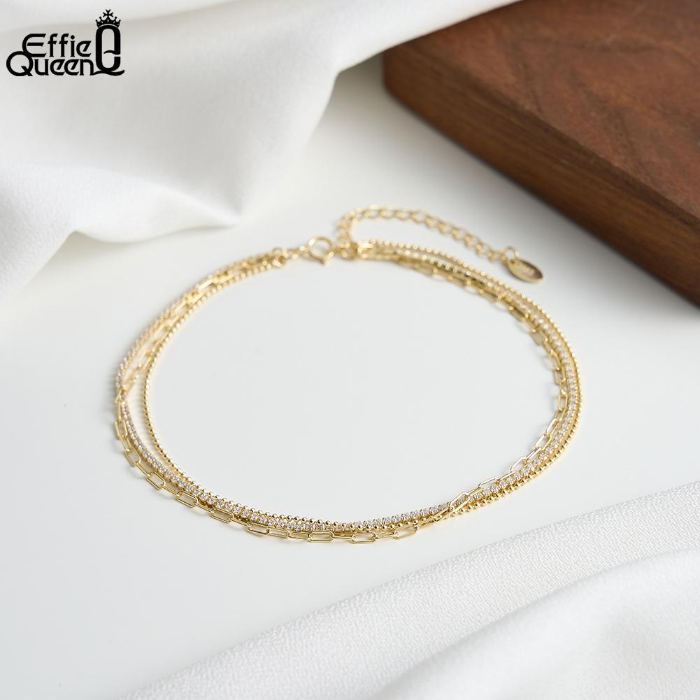 Effie Queen 925 Sterling Silver Muti-layer Bead Anklet For Women Sparkling Zircon Tennis Chain Foot Anklet Fashion Jewelry SA104