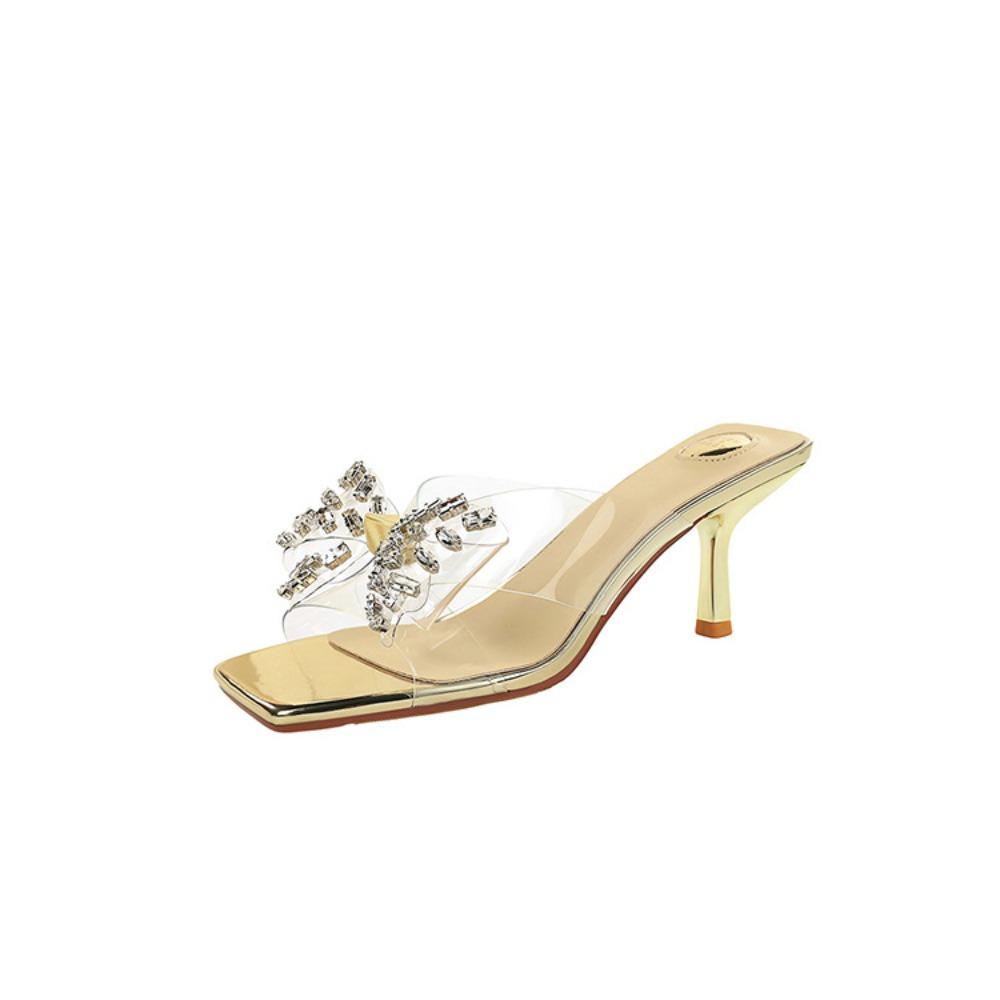 Women European Clear PVC Rhinestone Butterfly Slide Mules, Square Open Toe Sexy Slip On Thin Stiletto Heels DS-1927-H157