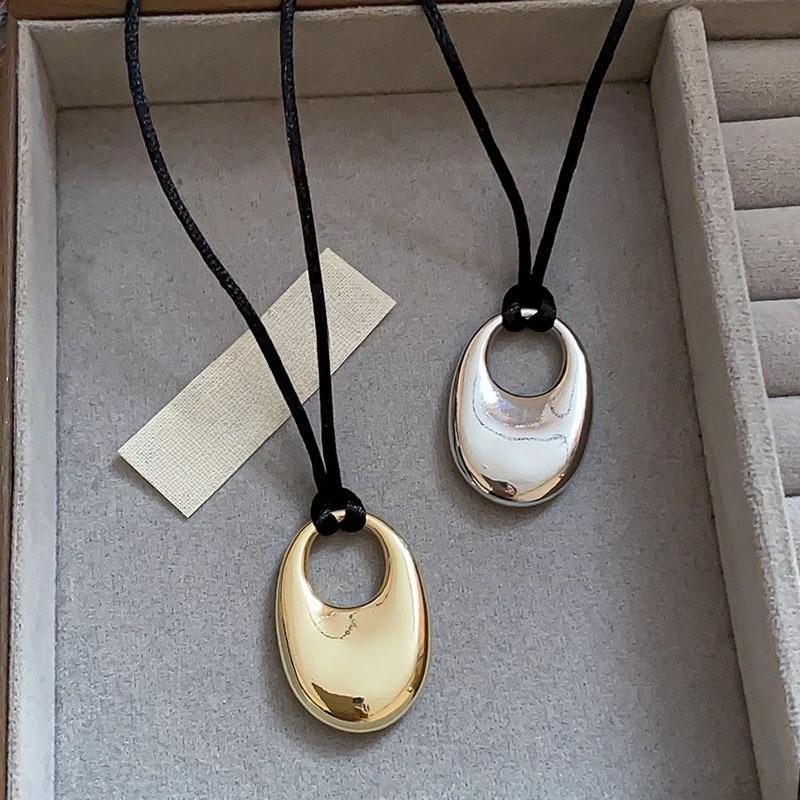 Fashion Silver Gold Bead Black Cord Necklace Unisex Geometric Pendant Minimalist Long Chain for Women Men Layering Jewelry