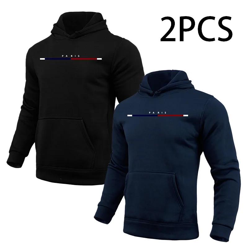 Paris Print Hoodie for Man 2pcs of 1pack Autumn Winter Daily Casual Sporty Jogging Sweatshirt Home Outdoor Comfort Warm Pullover