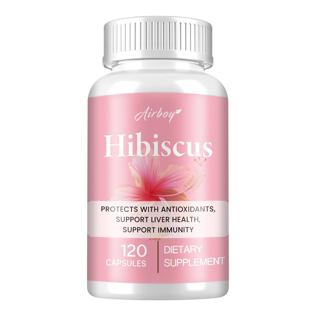 Airboy Organic Hibiscus Capsules, containing minerals, antioxidants, and supporting immune health, suitable for adults.