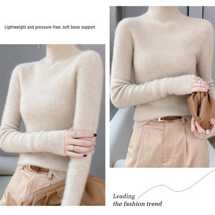 Women’s 2025 Autumn/Winter Pure Wool Sweater, Half-High Neck, Ribbed, Slim-Fit, Figure-Flattering with Cashmere Inner Layer