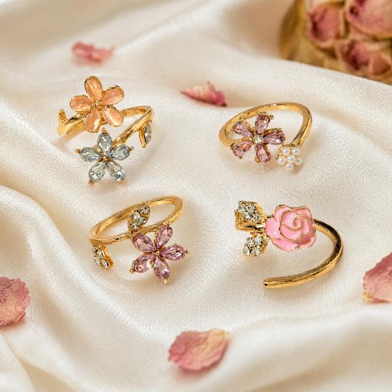 4Pcs/Set Adjustable Ring Set, Pink Flower Multi-Petal Design Finger Ring, Stackable Multi-piece Ring Set for Jewelry Gift