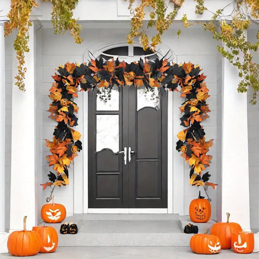 Halloween Garland Outdoor Halloween Door Garland Pumpkin Flexible Leaves Vines Decorations Wreath For Tabletop Fireplace Door