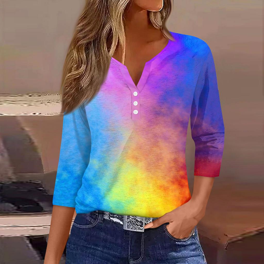 Damen T-Shirt mit Aufdruck, Knopfleiste, 3/4-Ärmel, modisch für den Alltag und das Wochenende, Basic, V-Ausschnitt, normales Oberteil