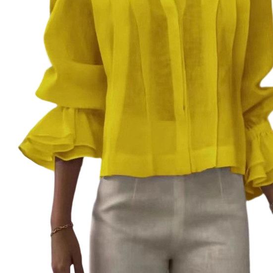 Women Shirt Lapel Long Sleeve Ruffle Cuffs Shirt Tops Pure Color Loose Fit Button Down Office Lady Summer