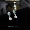 Freshwater Pearl~ Aquamarine Micro-inlaid Zircon Oval Geometric Water Drop Earrings Needle Light Luxury Earrings