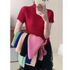 Vintage Wrinkled Short Sleeve Women  High Neck Slim Fit Summer Magic Casual Thin Top