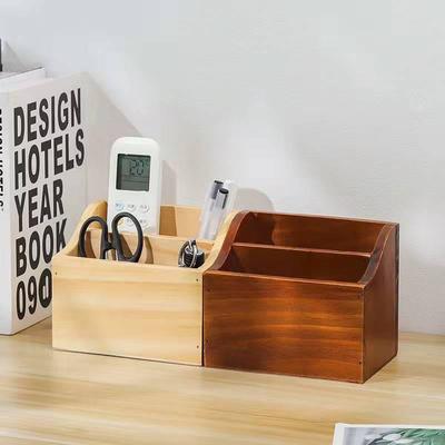 In-Stock Wooden Desktop Storage Box: Two-Compartment Pen Holder & Remote Control Organizer for Office or Living Room.