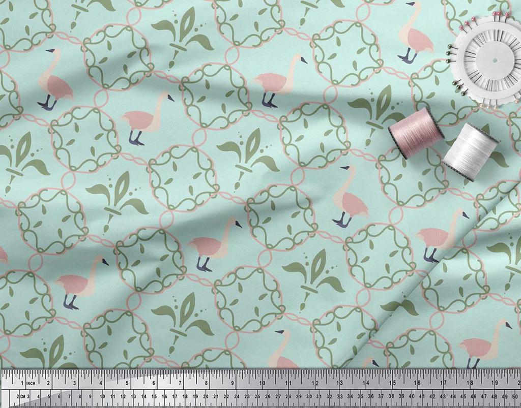 Soimoi Green Japan Crepe Satin Fabric Swan & Moroccan Damask Print Fabric by the Metre 42 Inch
