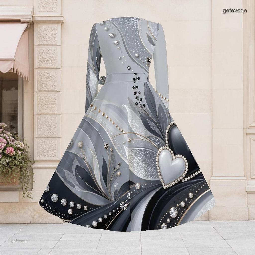 Women Plus Size V Neck Long Sleeve Printed Dress Grey Black A Line Flared With Waist Belt
