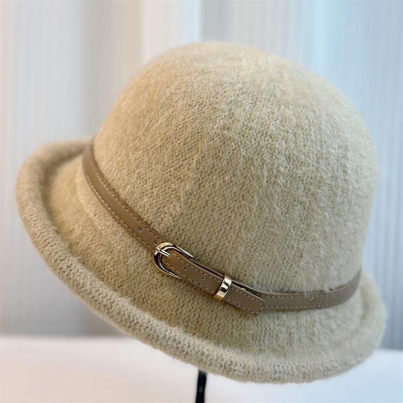 New Belt Buckle Wool Hat Women's Autumn and Winter Simple Top Hat Bucket Hat Dome Basin Hat