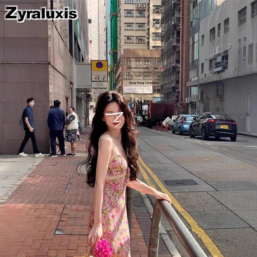 French Lace Strappy Floral Sundress for Women Summer New Small Size Beach Vacation Maxi Dress