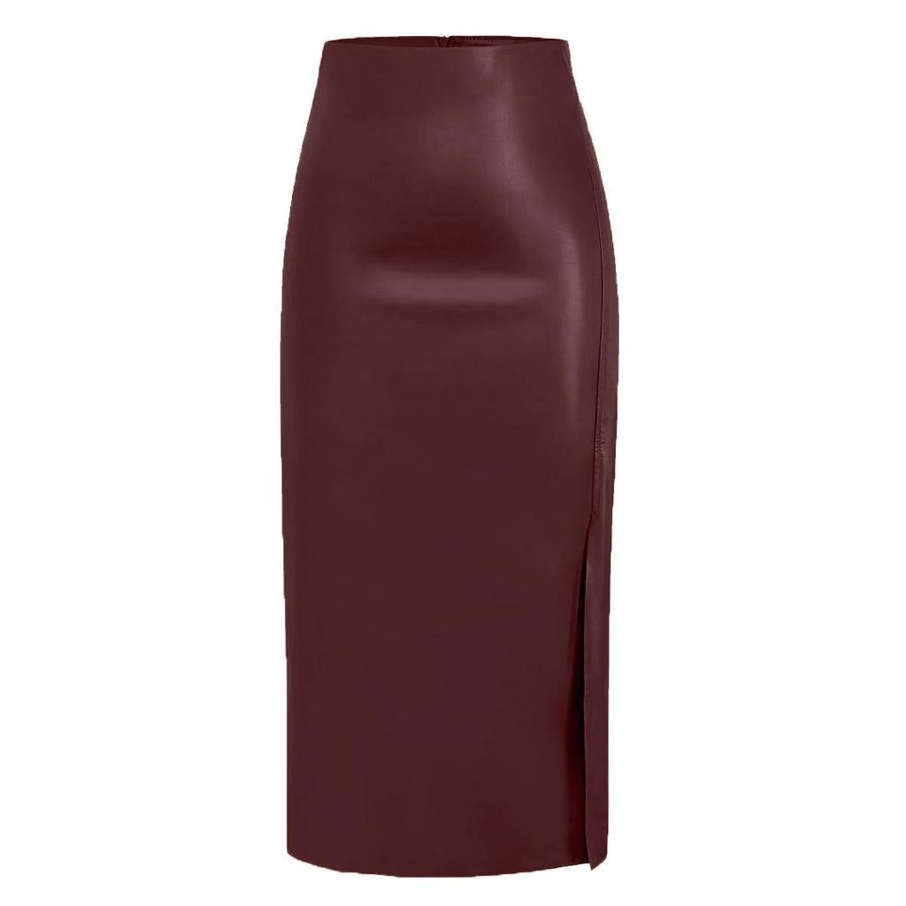 PU Leather High Waisted Zipper Midi Skirt: Autumn/Winter Bodycon Slit Skirt for Women