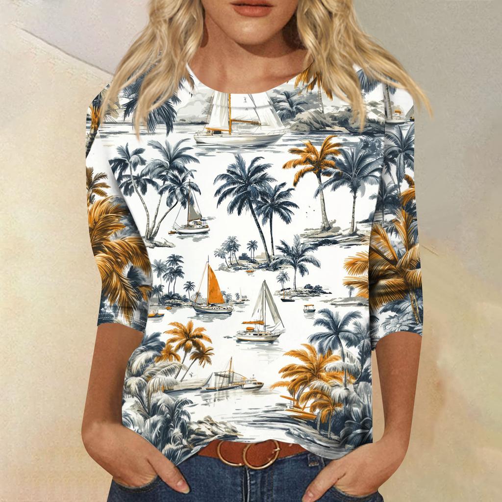 Módní vintage top s 3/4 rukávem pro ženy, dámská ležérní halenka s tříčtvrtečním rukávem a kulatým výstřihem s potiskem