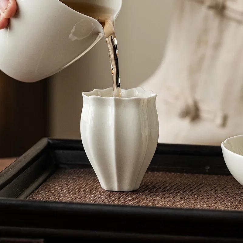Handmade Plant Ash Glaze Ceramic Teacup with Lace Trim - Minimalist Kungfu Tea Set Cup for Aroma Tasting, Elegant Tea Cup