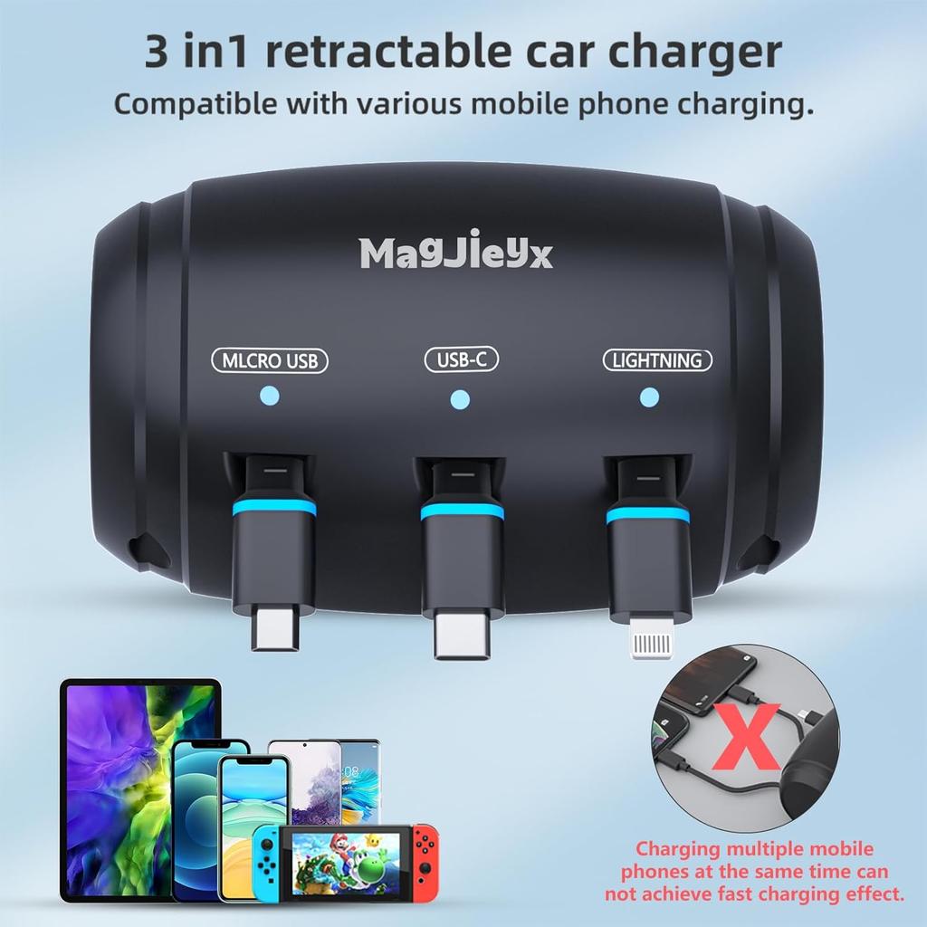 Multi Retractable Car Charging Station Box, 3 in 1 Headrest Fast Power Charging Dock Cord USB Type C Fits iPhone 16/15/14/iPad/Android/Samsung|Uber