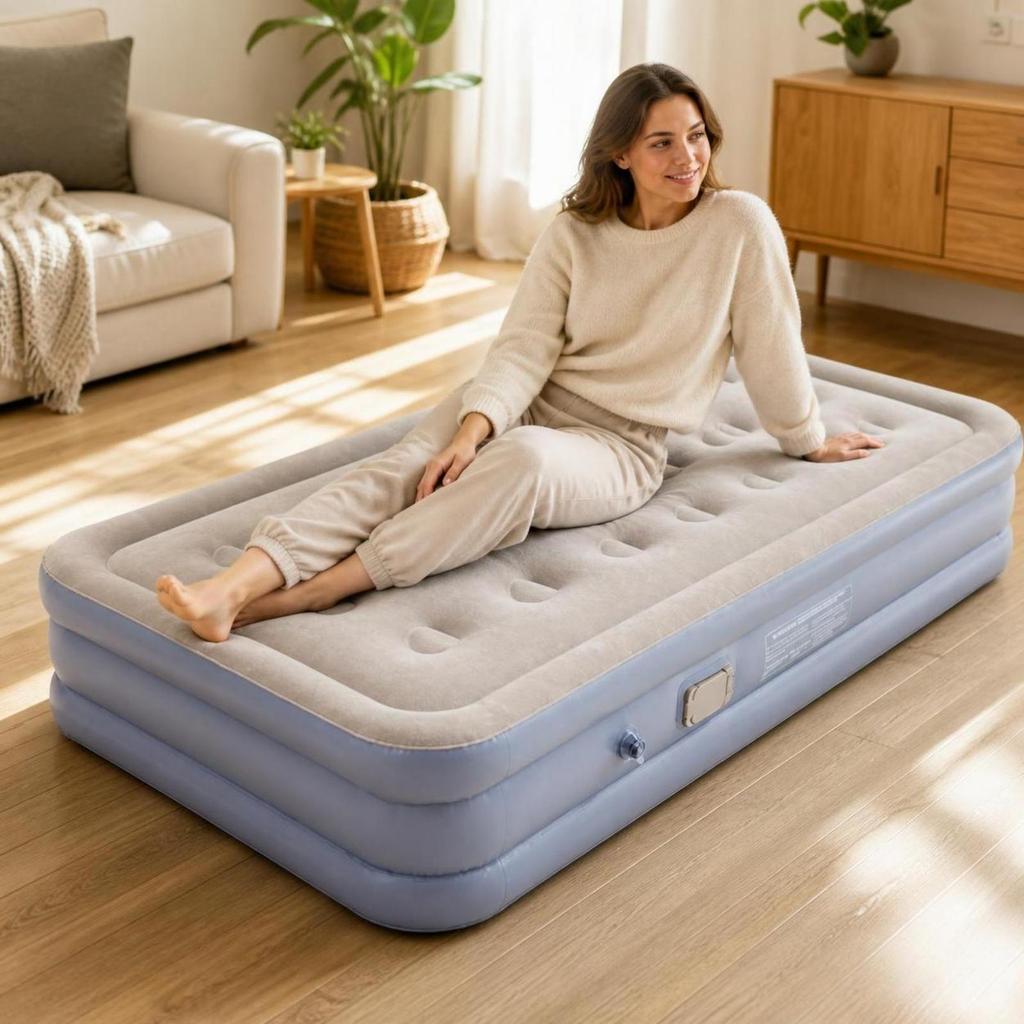 Flocked Mattress with Built-in Pump | Inflatable Pillow,