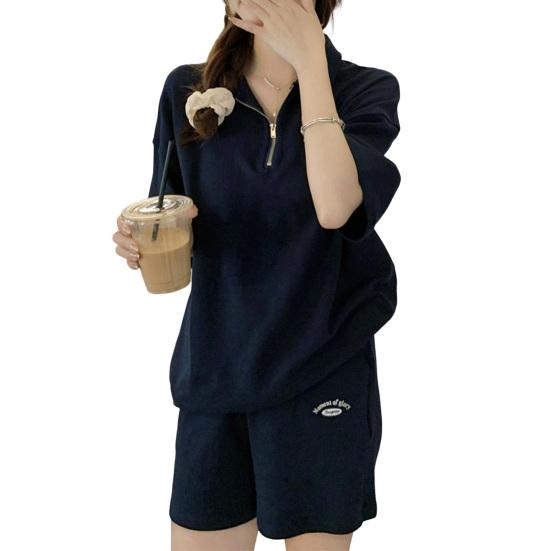 

Комплект из 2 предметов: женская летняя толстовка и брюки, короткий рукав, застежка-молния, отложной воротник, эластичный пояс, свободные спортивные штаны, спортивный костюм, панкомбинезон XXL темно-синий