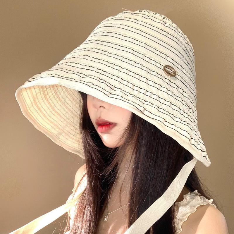 Ribbon Women Striped Fisherman Hat Wide Brim Foldable Summer Sun Hat Sun Protection Solid Color Sunshade Hat