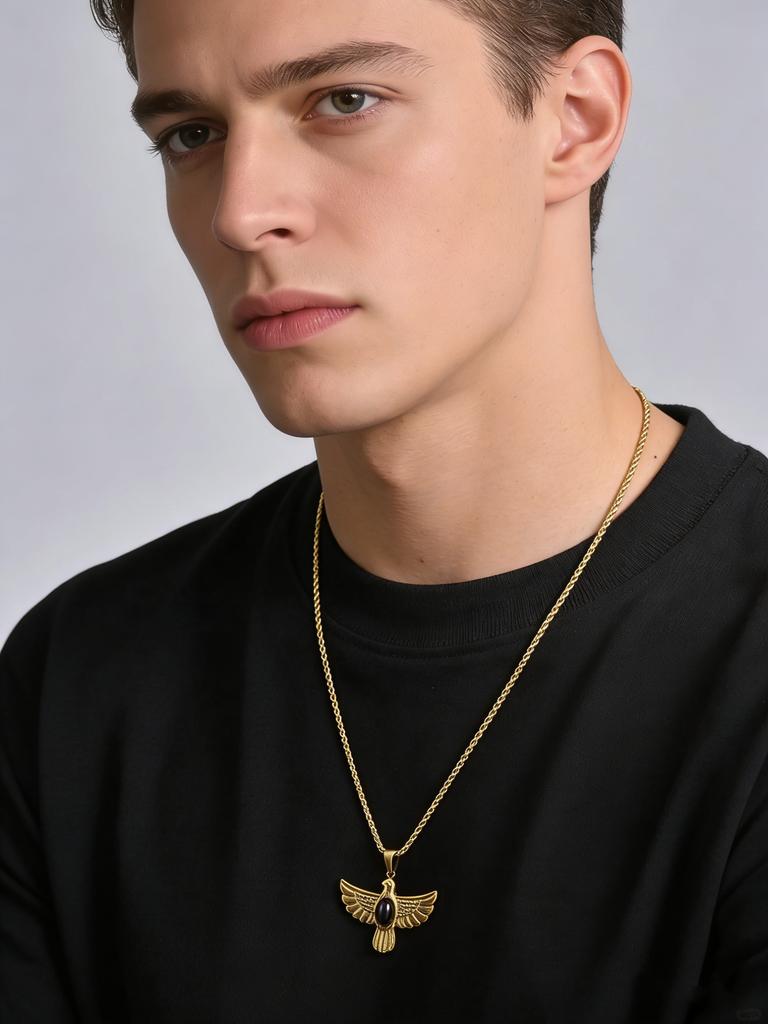 Falcon of Horus Necklace Stainless Steel Gold Color Eagle Pendant Necklace for Men Women Fashion Natural Stone Jewelry Gift