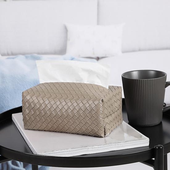 Yousheng PU Leather Tissue Box, with Smooth Paper Outlet Opening, Soft Rounded Weaving Surface Tissue Holder for Home
