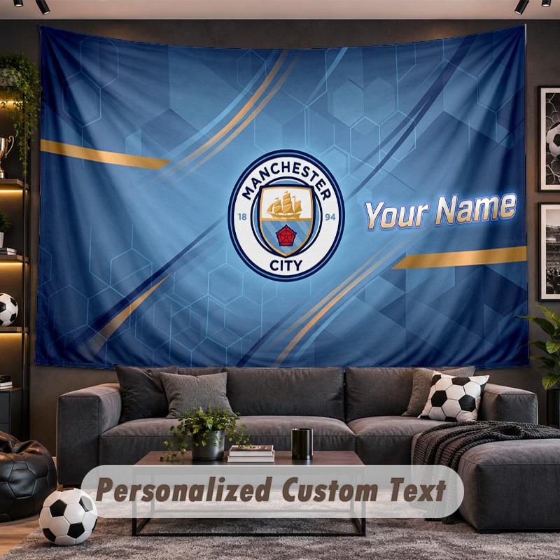 Manchester City Personalized Tapestry Support Custom Name, Wall Art Home Decoration