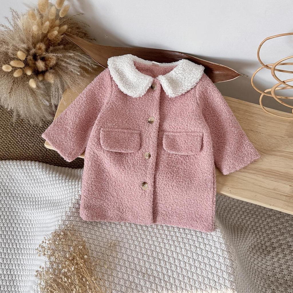 2025 New: Toddler French Chic Pink Wool Coat with White Fur Collar
