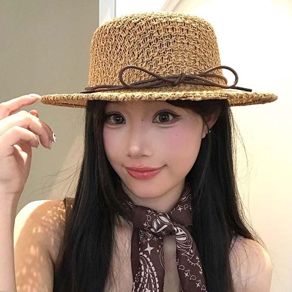 Sun Protection Straw Boater Hat Breathable Mesh Flat Top Beach Hat Handwoven Sun Cap Resort Wear