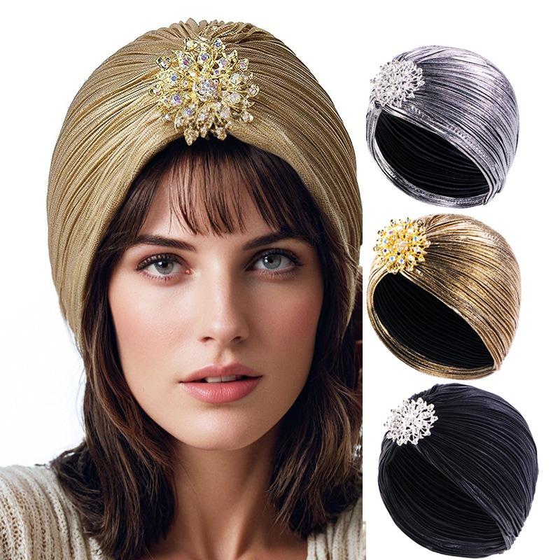 Noble gold pleated Indian hat headscarf hat with gold brooch accessories TJMG warm