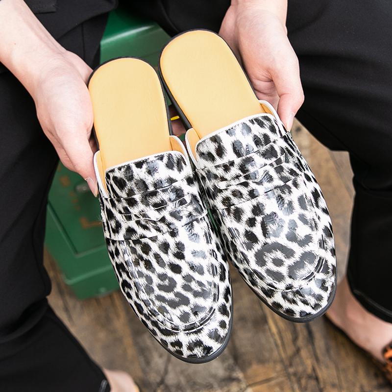Men's Slippers Mule Loafers Leopard Print Leather Clogs Summer Dress Sandals Casual Backless Half-drag Shoes Plus Size