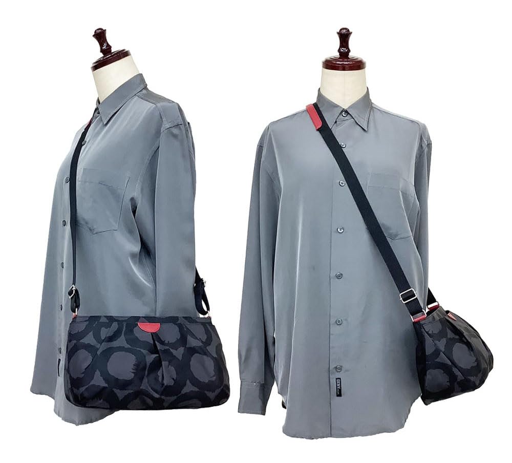 HARUBE Lightweight Nylon Crossbody Shoulder Bag, Artisan-Dyed, Elegant Design, Kyoto, Naniwaya, #E6-612 [Circle] (Gray x Red)