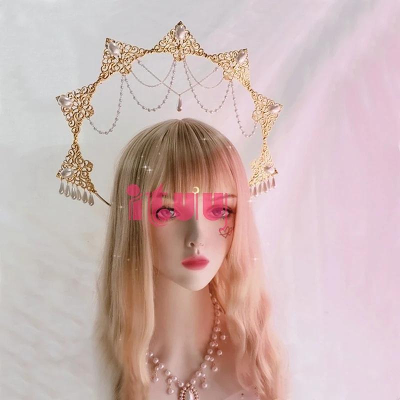 Crown Halo Headband Goddess Spiked Pearl Sun Pendant Halo Headpiece Cosplay Bridal Party Baroque Tiara Headwear Accessories