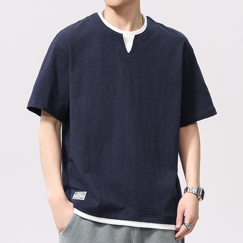 Bamboo Joint Cotton Knitted Fake Two-piece Pure Cotton Everyday Short-sleeved Mens Round Neck T-shirt Short-sleeved M