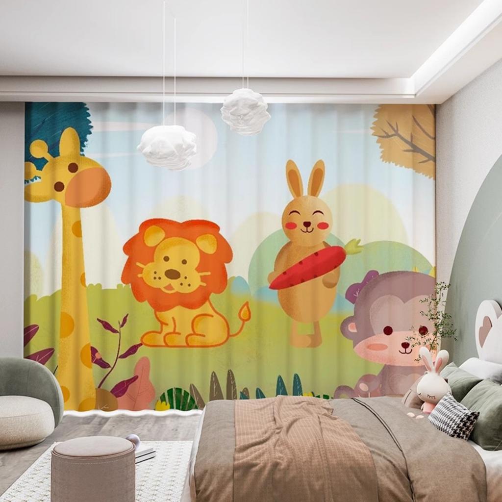 2Pcs Modern Simple Cartoon Cute Animals Bear Rabbit Star Ocean Star Boy Children's Room Decor Semi Blackout Curtain Grommet Top