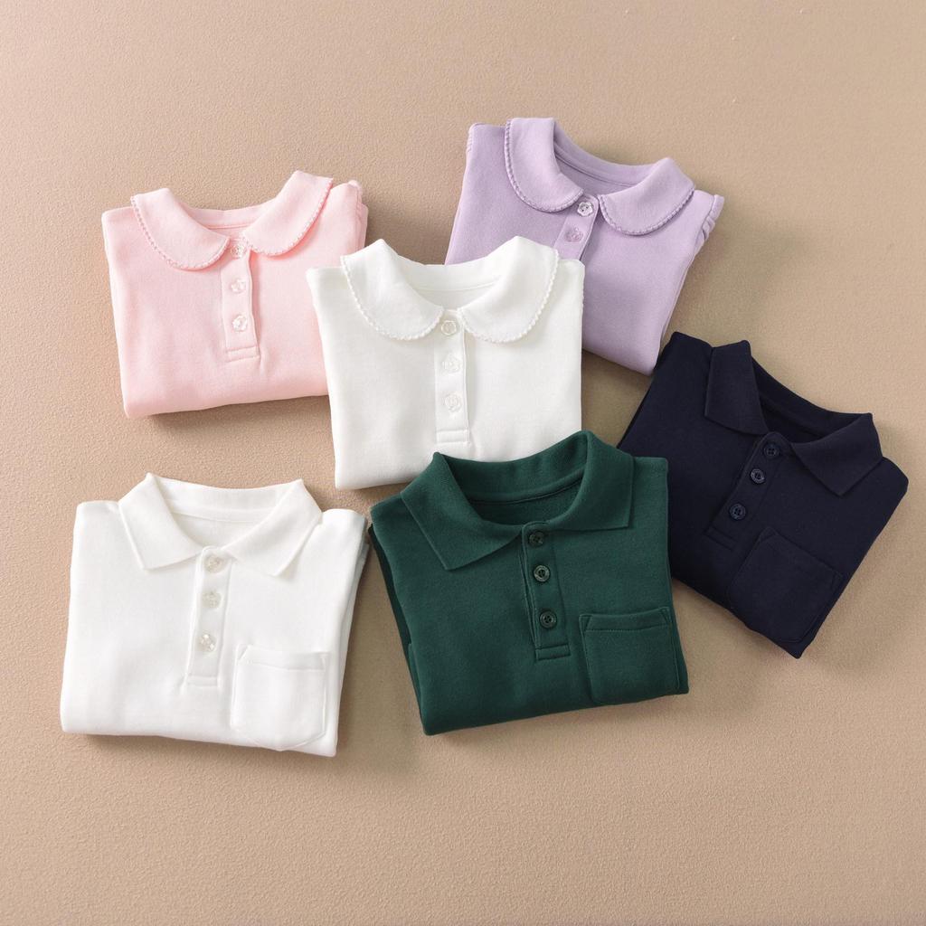 Kids' Solid Color Polo Shirt with Turn-Down Collar - White Fleece School Uniform, Pure Cotton, Thick Top