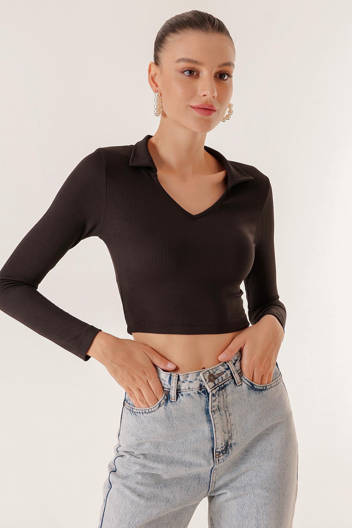 

Polo Yaka Kaşkorse Crop Bluz M чёрный