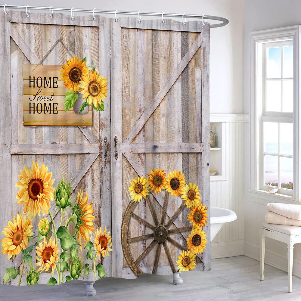 Rustic Sunflower Flower Butterfly Print Shower Curtain Vintage Floral Botanical Polyester Fabric Shower Curtains Bathroom Decor