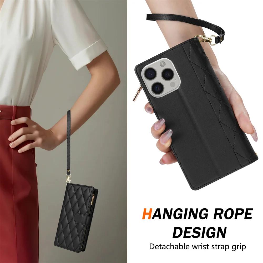 Wrist Strap Crossbody Phone Case for IPhone 16 15 14 11 13 12 Mini X XR XS Pro Max 8 Plus Wallet with Card Holder Leather Cover