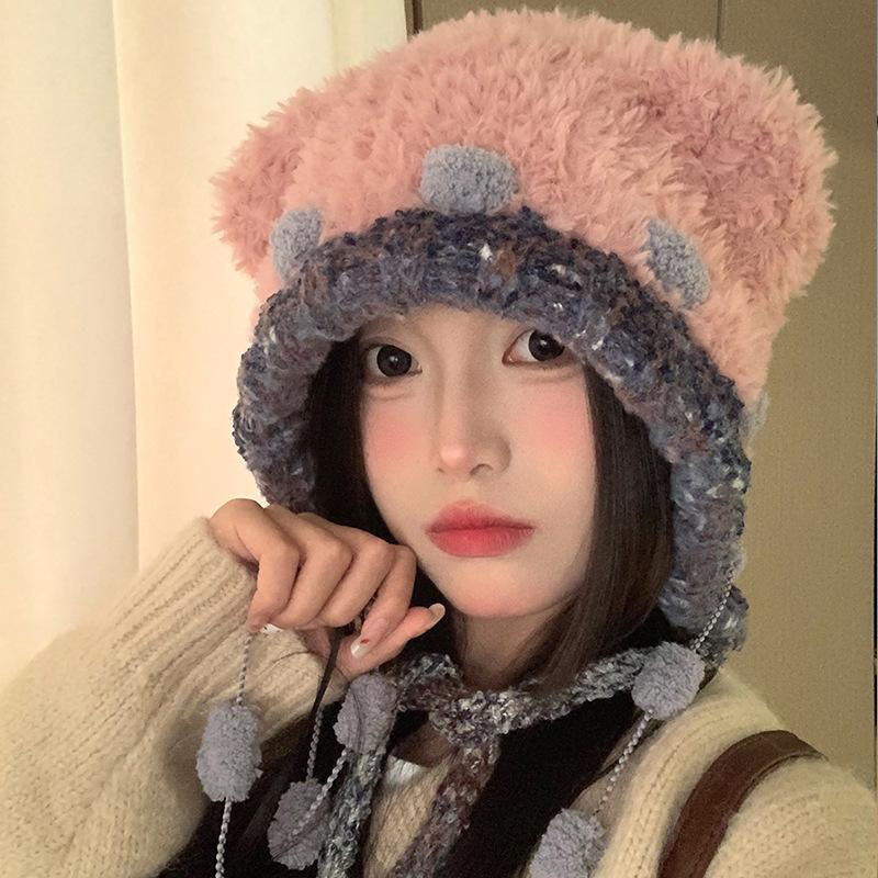 Autumn and Winter Cute Bear Plush Knitted Hat Children Colored Strap Ear Protector Hat Shows Small Face