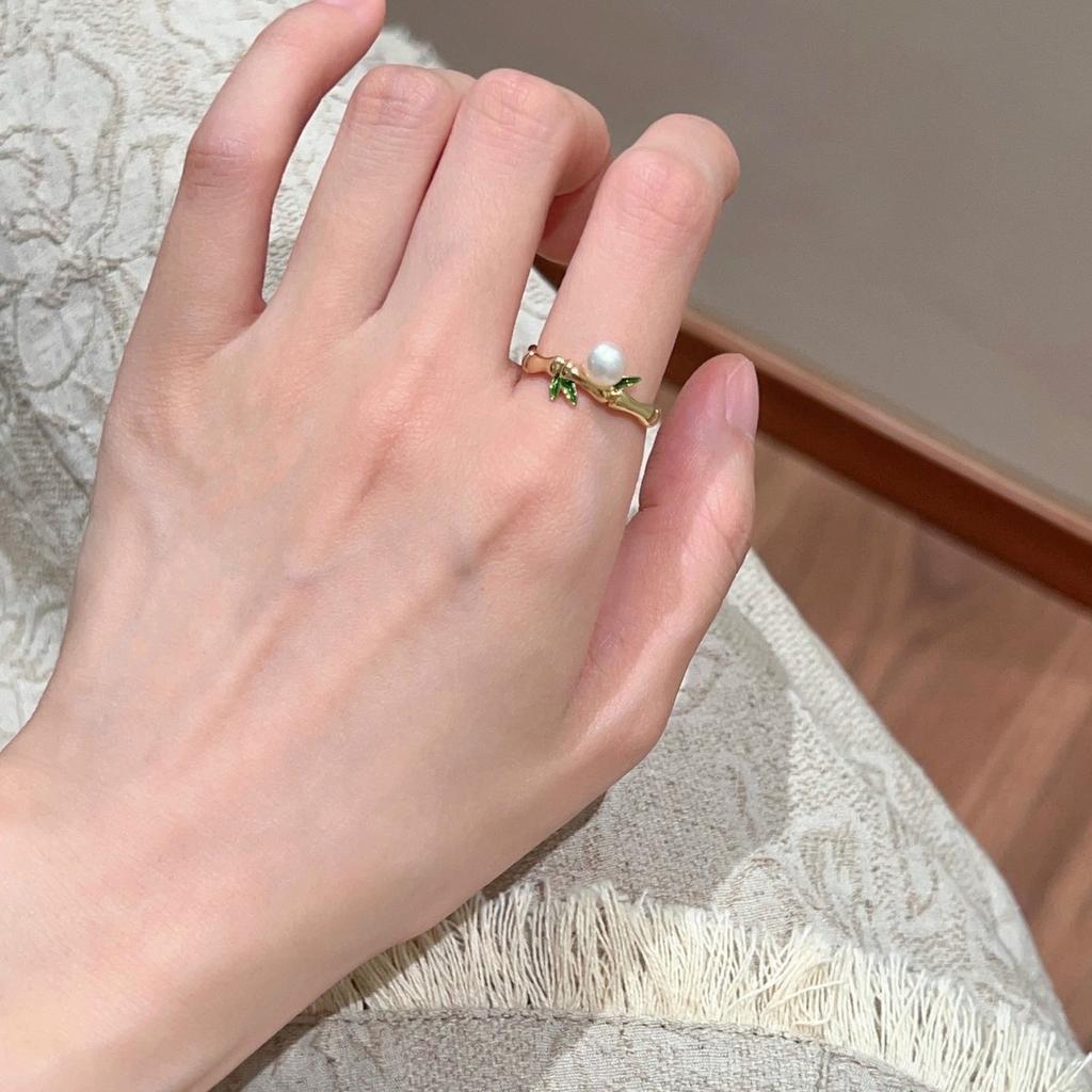Design Green Enamel Bamboo Pearl Ring Women's Unique Foreign Style Ring Open Index Finger Ring