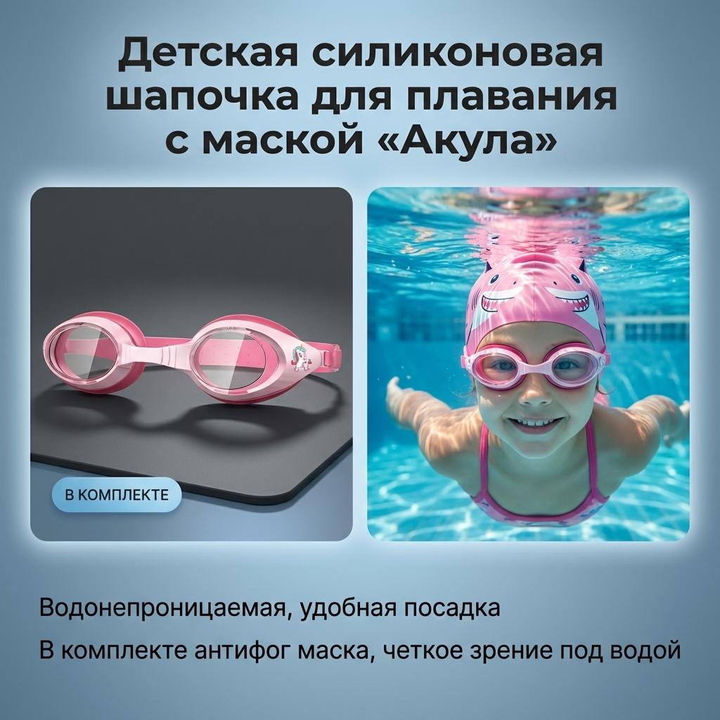 Kids Silicone Swim Cap Shark Pattern Waterproof Comfortable Fit with Goggles One Size розовый