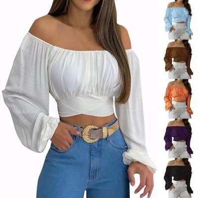 Primavera e verão feminino feminino ombro a ombro alça cruzada manga comprida tops