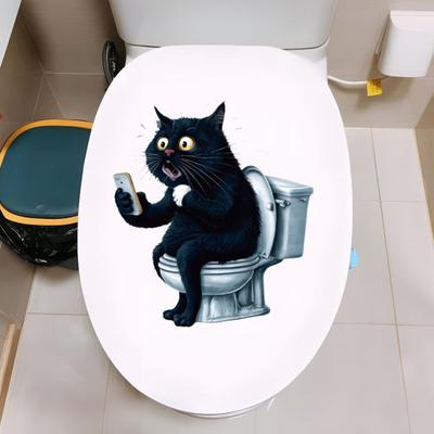 Cat Toilet Stickers Waterproof Toilet Tank Lid Decals Cartoon Black Cat Toilet Seat Cover Sticker for Bathroom Restroom Door Wall Decor