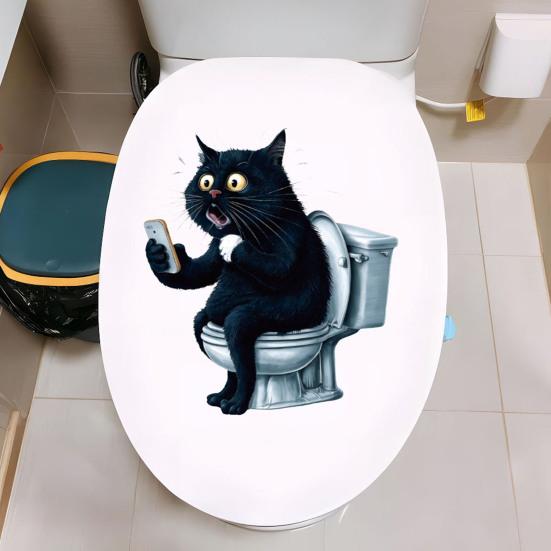 Cat Toilet Stickers Waterproof Toilet Tank Lid Decals Cartoon Black Cat Toilet Seat Cover Sticker for Bathroom Restroom Door Wall Decor
