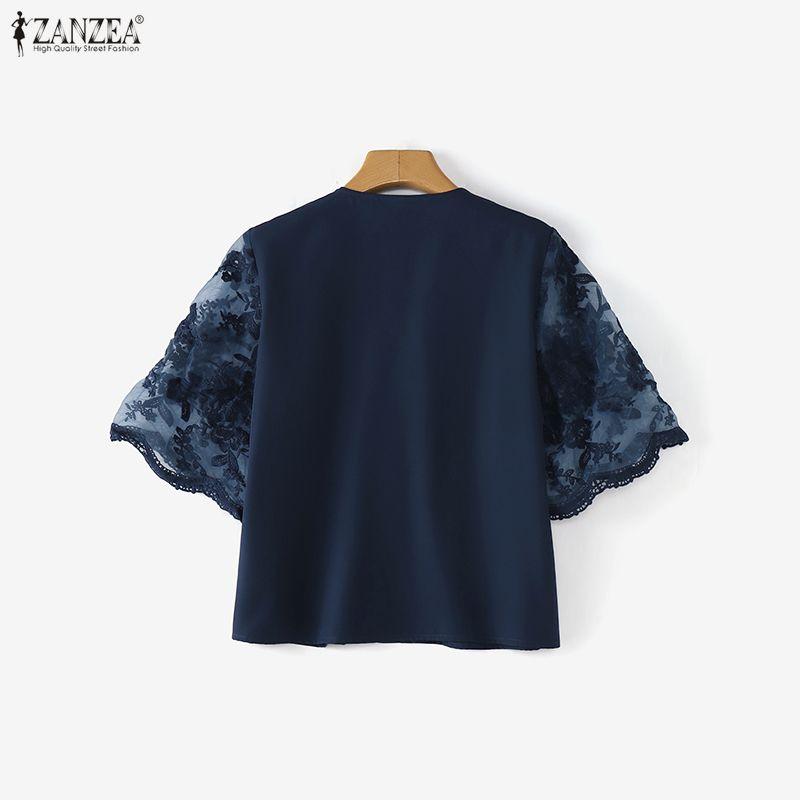 ZANZEA Women Lace Splice Half Sleeve Casual V-Neck Elegant Blouse